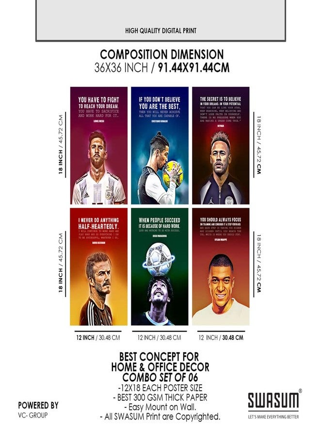 SWASUM Cristiano Ronaldo, David Beckham, Maradona, Loinel Messi, Neymaar, Kylian, Motivational and Inspirational Poster for Office, Home and gym, Pack of 06 (Vinyl) - Image 3