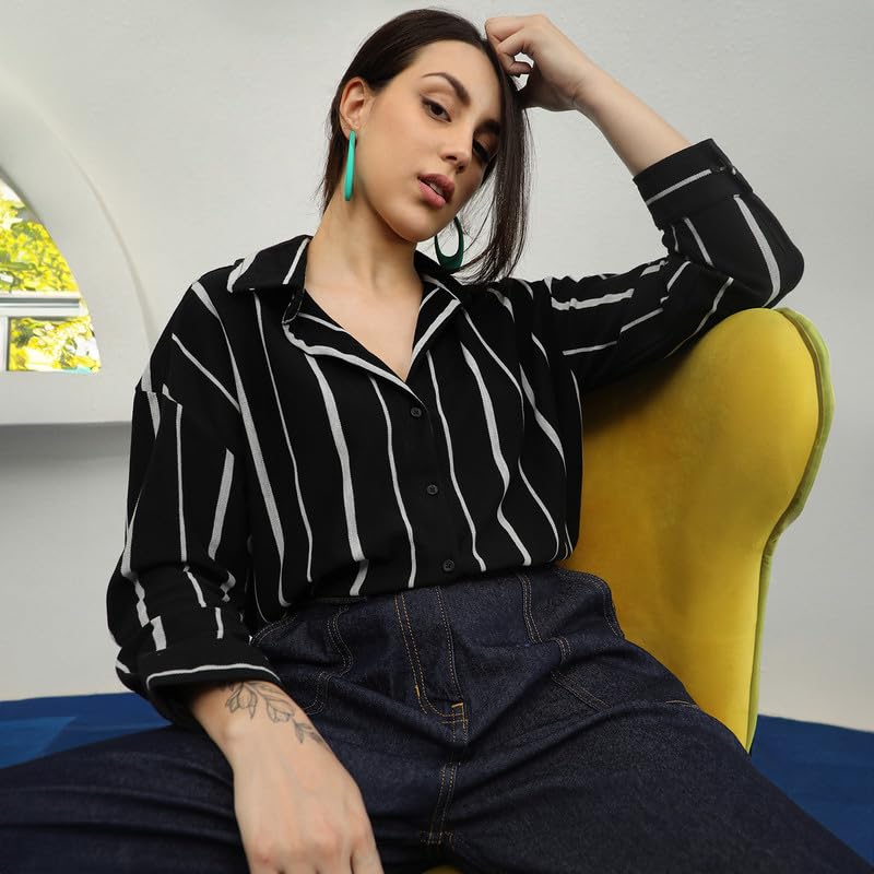 PINACOLADA Women's Midnight Black & Moon Grey Striped Boxy Shirt for Casual Wear | Spread Collar | Long Sleeve | Button Closure | Shirt Designed with Comfortable Fit for Woman & Girls - Image 4
