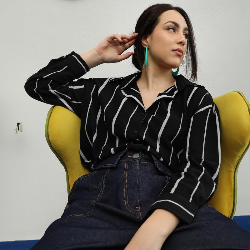 PINACOLADA Women's Midnight Black & Moon Grey Striped Boxy Shirt for Casual Wear | Spread Collar | Long Sleeve | Button Closure | Shirt Designed with Comfortable Fit for Woman & Girls - Image 2