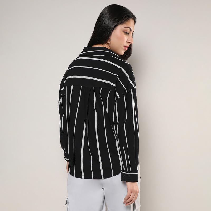 PINACOLADA Women's Midnight Black & Moon Grey Striped Boxy Shirt for Casual Wear | Spread Collar | Long Sleeve | Button Closure | Shirt Designed with Comfortable Fit for Woman & Girls - Image 3