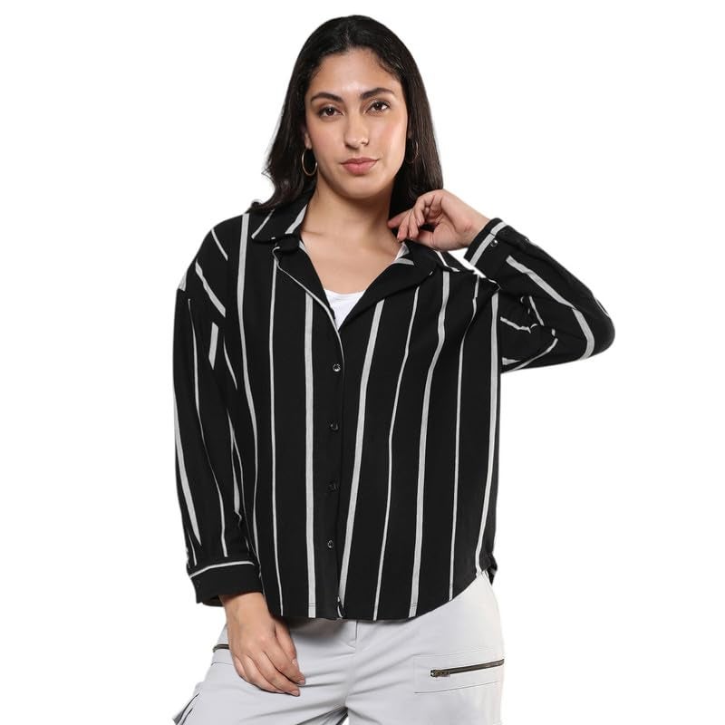 PINACOLADA Women's Midnight Black & Moon Grey Striped Boxy Shirt for Casual Wear | Spread Collar | Long Sleeve | Button Closure | Shirt Designed with Comfortable Fit for Woman & Girls - Image 1