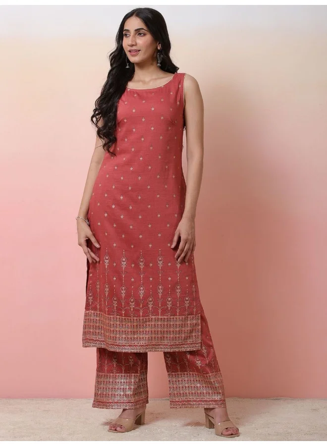 AKS Rust Viscose Kurta Set with Foil print