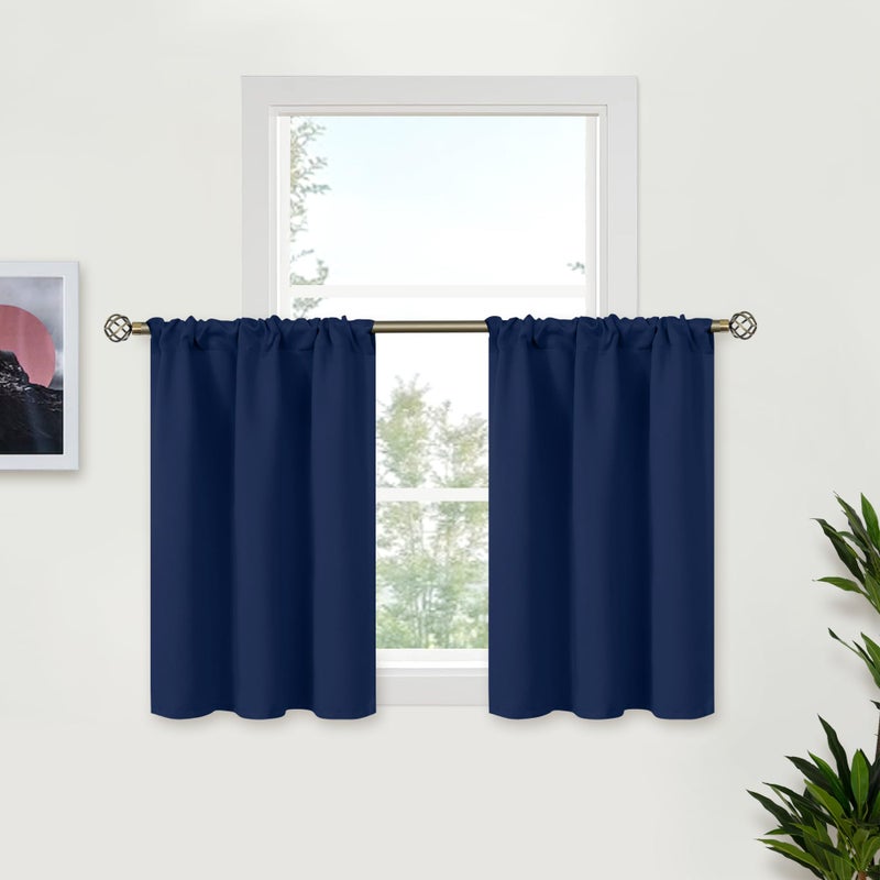 BGment Short Curtains Blackout 36 Inches Length for Basement Window - Rod Pocket 34 Inch Width Room Darkening Drapes for Kitchen Bathroom Nursery Thermal Insulated  Navy Blue  2 Panels  34 x 36 Inch - Image 1