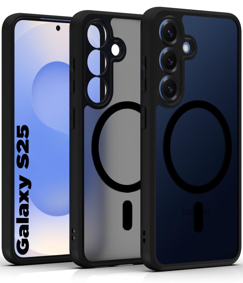 RIGGEAR Shockproof Sleek Hybrid Armor Magnetic Back Cover Case Compatible with MagSafe Accessories for Samsung Galaxy S25 (Smoke Black Matte PC + Black TPU-Bumper) - Image 1