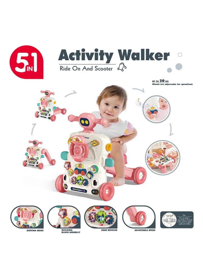 Teknum 5in1 Baby Walker, Learning Table Mode, Game Panel Mode, Scooter Mode, Roller Coaster Mode with Musical keyboard Pink