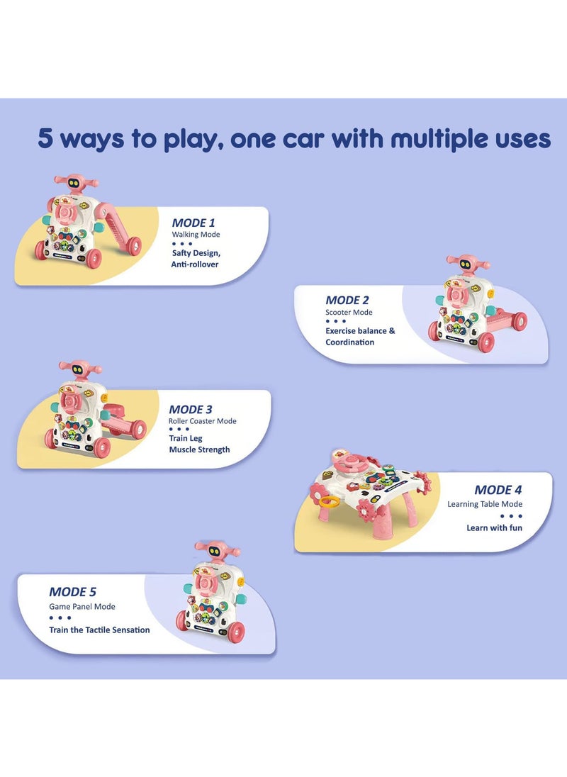 Teknum 5in1 Baby Walker, Learning Table Mode, Game Panel Mode, Scooter Mode, Roller Coaster Mode with Musical keyboard Pink