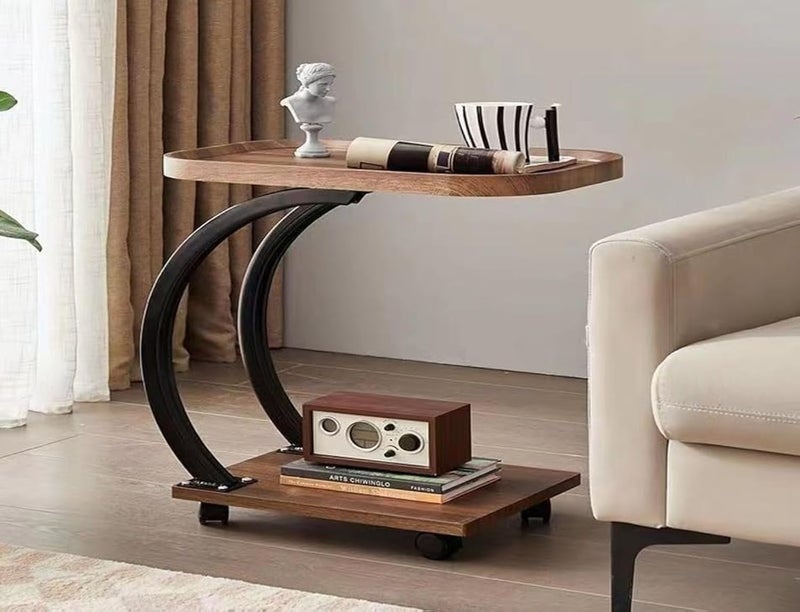 Harmony Home C-Shaped Side End Table with Wheels – 2-Layer Wooden Top Tray Sofa End Table for Living Room & Bedroom - Image 1