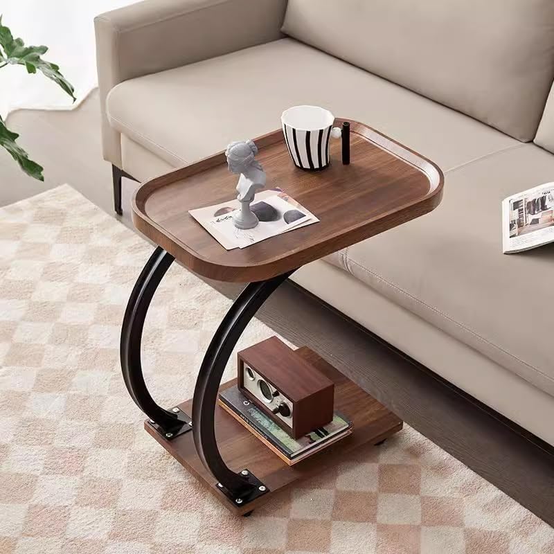 Harmony Home C-Shaped Side End Table with Wheels – 2-Layer Wooden Top Tray Sofa End Table for Living Room & Bedroom - Image 2