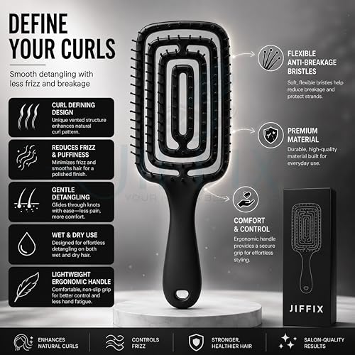 JIFFIX Curly Hair Brush for Women & Men | Detangling Hair Comb for Curly, Wavy & Thick Hair | Anti Frizz Vented Wet & Dry Curl Defining Brush with Flexible Bristles - Image 2