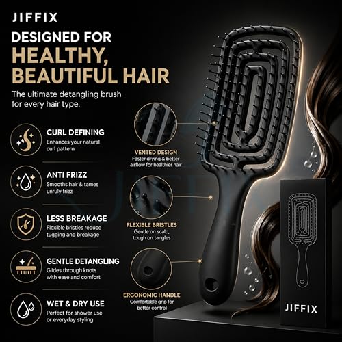 JIFFIX Curly Hair Brush for Women & Men | Detangling Hair Comb for Curly, Wavy & Thick Hair | Anti Frizz Vented Wet & Dry Curl Defining Brush with Flexible Bristles - Image 3