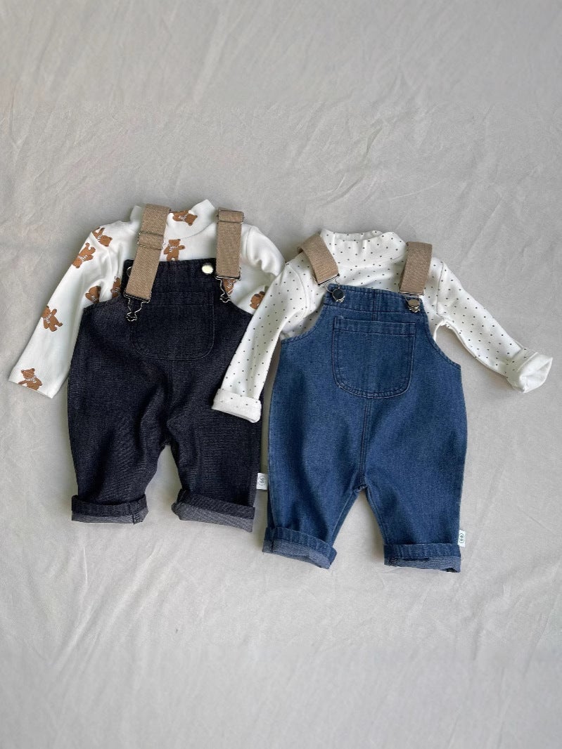 Korean Style Ins Color Matching Suspender Strap Men And Women Baby One-Piece Suspender Pants Versatile Solid Color Jeans - Image 2