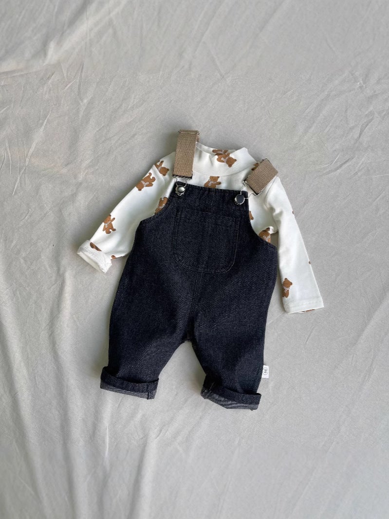 Korean Style Ins Color Matching Suspender Strap Men And Women Baby One-Piece Suspender Pants Versatile Solid Color Jeans - Image 3