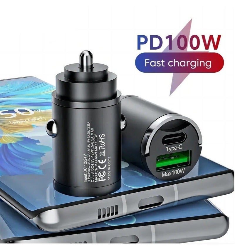شاحن سيارة فائق السرعة، بقوة 100 واط، مزود بمنافذ متعددة، منفذ USB أو منفذ USB-C، متوافق مع جميع الهواتف الذكية والأجهزة - Image 1