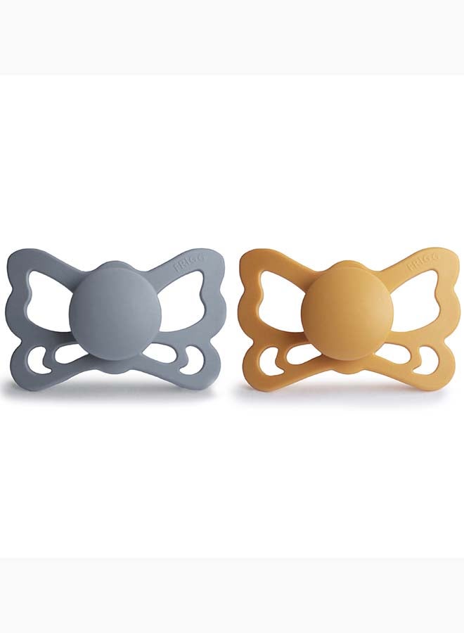 FRIGG Butterfly Anatomical Silicone Baby Pacifier 6-18M 2-Pack Great Gray/Honey Gold - Size 2