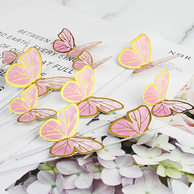 Hazyore Pink Butterfly Cake Toppers  11pcs Cupcake Toppers Happy Birthday Metal Gold Topper for Girls Women's Party Decorations - Image 3