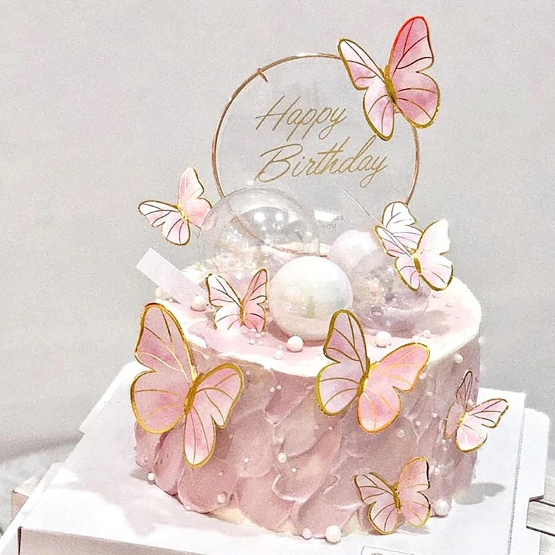 Hazyore Pink Butterfly Cake Toppers  11pcs Cupcake Toppers Happy Birthday Metal Gold Topper for Girls Women's Party Decorations - Image 1