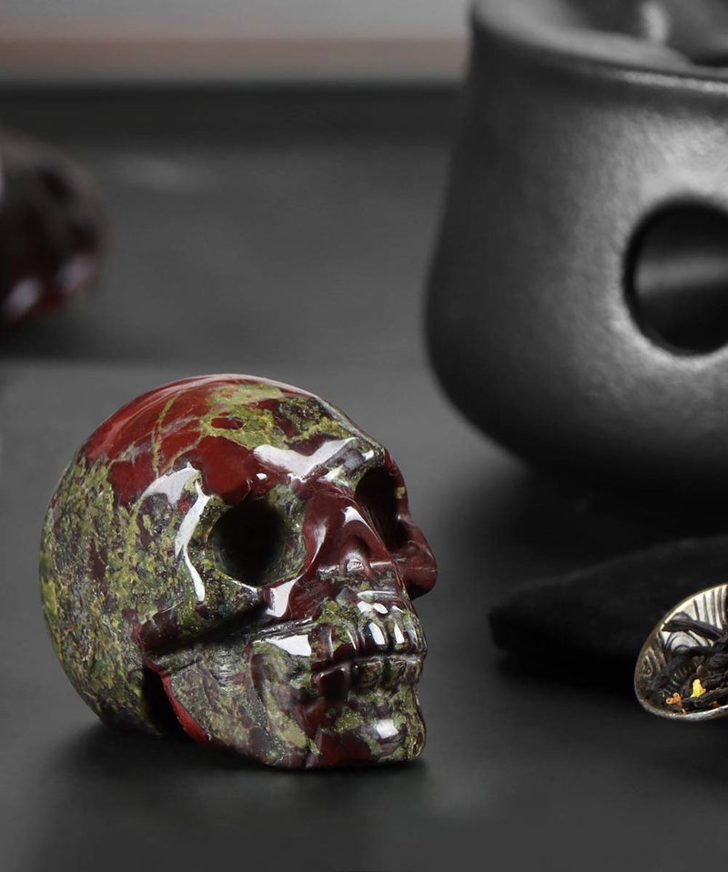 Artistone 2.0"" Dragon Bloodstone Halloween Crystal Skull Decor Figurine Crystals and Healing Stones Statue Carved Human Skull Head Sculpture Ornaments for Home Kitchen Art Room Decoration - Image 4