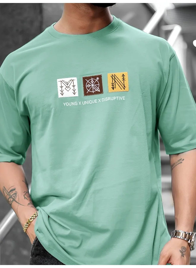 Maniac  Maniac Mens Printed Round Neck Half Sleeve Berly Green Cotton T-Shirt for Men | Best Price UAE