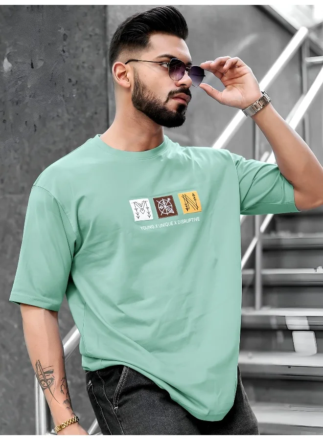 Maniac  Maniac Mens Printed Round Neck Half Sleeve Berly Green Cotton T-Shirt for Men | Best Price UAE