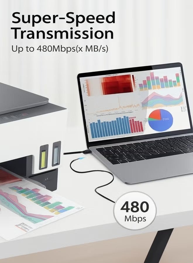 كابل طابعة USB 2.0 عالي السرعة بطول 3 أمتار، منفذ مربع، مقاوم للانحشار، متوافق مع طابعات الليزر، وأجهزة المسح الضوئي من إبسون وديل، وأجهزة الفاكس. كابل بيانات أسود متين للاستخدام المنزلي والمكتبي، يوفر اتصالاً سهلاً بالطابعة، يتميز بمظهر احترافي وموصل مرن. - Image 2