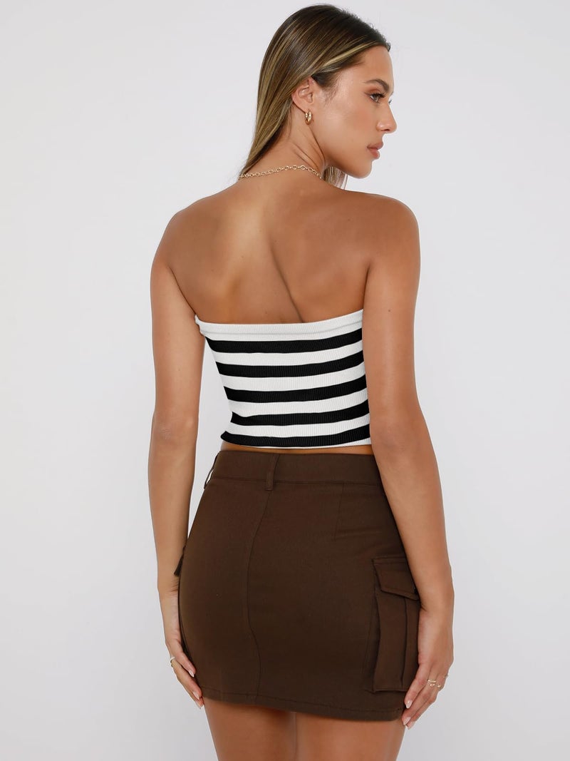 EFAN Womens Tube Tops Summer Outfits 2026 Cute Striped Crop Y2K Tops Beach Vacation Spring Fashion Sweaters Strapless Sleeveless Clothes Striped White M - Image 5