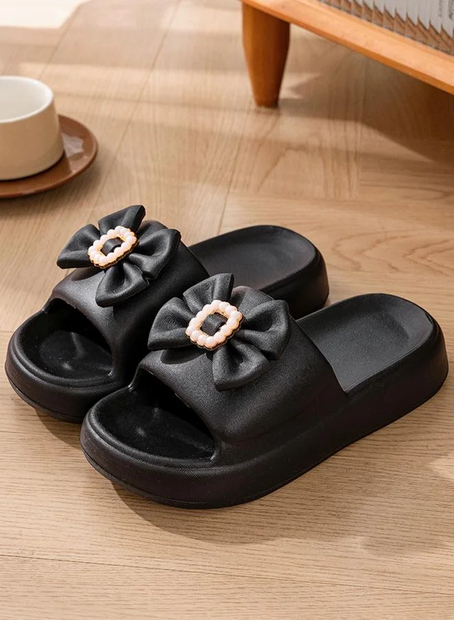 Take Two Black Bow Slip-On Slippers