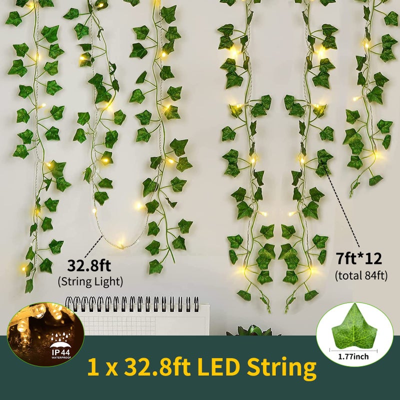 KASZOO 84Ft 12 Pack Artificial Ivy Garland Fake Plants  Vine Hanging Garland with CE Certified 80 LED String Light  Hanging for Home Bedroom Garden Party Wedding Wall Room Decor  Green - Image 4