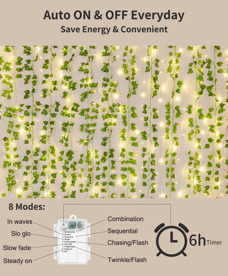 KASZOO 84Ft 12 Pack Artificial Ivy Garland Fake Plants  Vine Hanging Garland with CE Certified 80 LED String Light  Hanging for Home Bedroom Garden Party Wedding Wall Room Decor  Green - Image 2