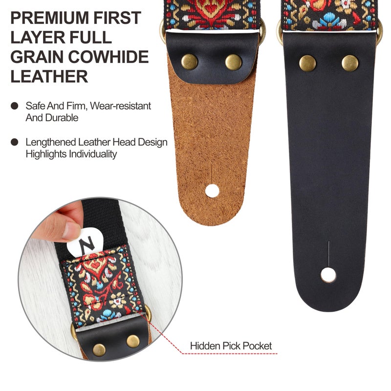 Nefelibata Guitar Strap, Embroidered Cotton Guitar Straps with Head Cowhide Leather Ends for Bass, Electric & Acoustic Guitars, with Free Strap Button, 1 Pair Strap Locks and 4 Guitar Picks (Saffron) - Image 2
