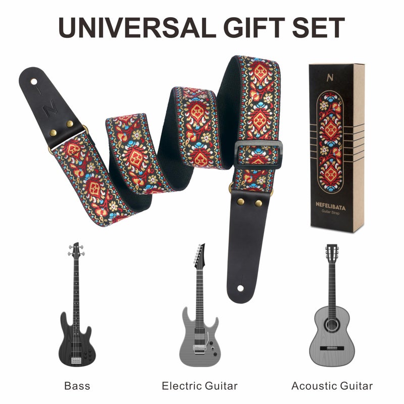 Nefelibata Guitar Strap, Embroidered Cotton Guitar Straps with Head Cowhide Leather Ends for Bass, Electric & Acoustic Guitars, with Free Strap Button, 1 Pair Strap Locks and 4 Guitar Picks (Saffron) - Image 4