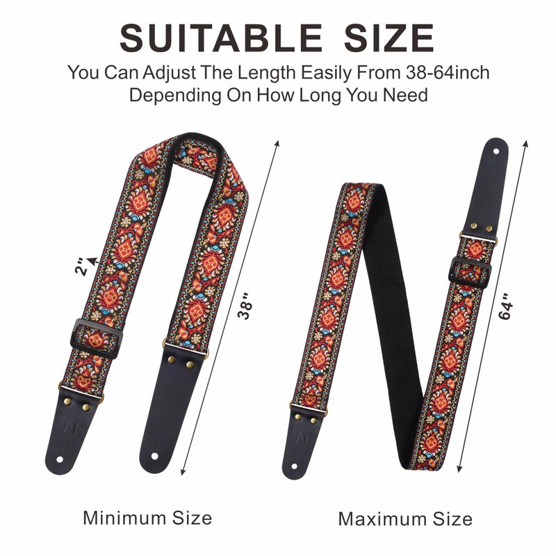 Nefelibata Guitar Strap, Embroidered Cotton Guitar Straps with Head Cowhide Leather Ends for Bass, Electric & Acoustic Guitars, with Free Strap Button, 1 Pair Strap Locks and 4 Guitar Picks (Saffron) - Image 5