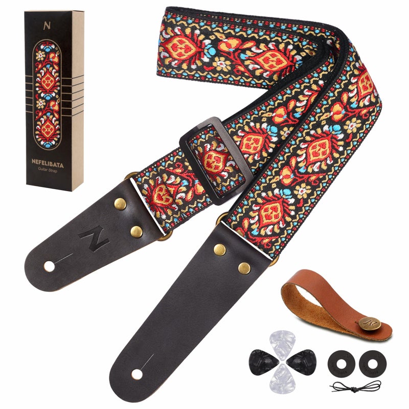 Nefelibata Guitar Strap, Embroidered Cotton Guitar Straps with Head Cowhide Leather Ends for Bass, Electric & Acoustic Guitars, with Free Strap Button, 1 Pair Strap Locks and 4 Guitar Picks (Saffron) - Image 1