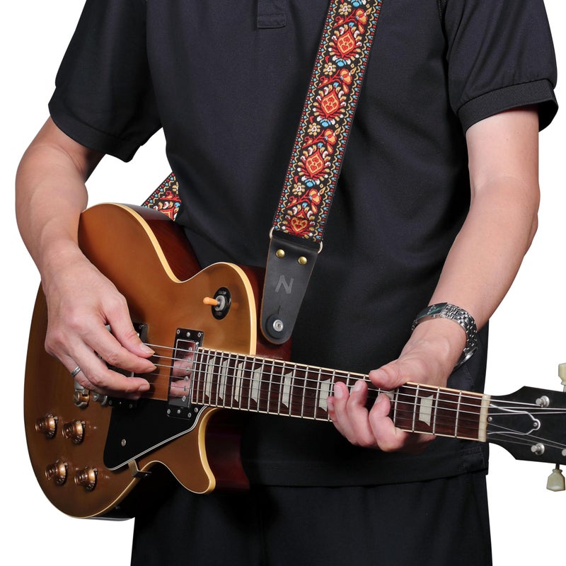 Nefelibata Guitar Strap, Embroidered Cotton Guitar Straps with Head Cowhide Leather Ends for Bass, Electric & Acoustic Guitars, with Free Strap Button, 1 Pair Strap Locks and 4 Guitar Picks (Saffron) - Image 3
