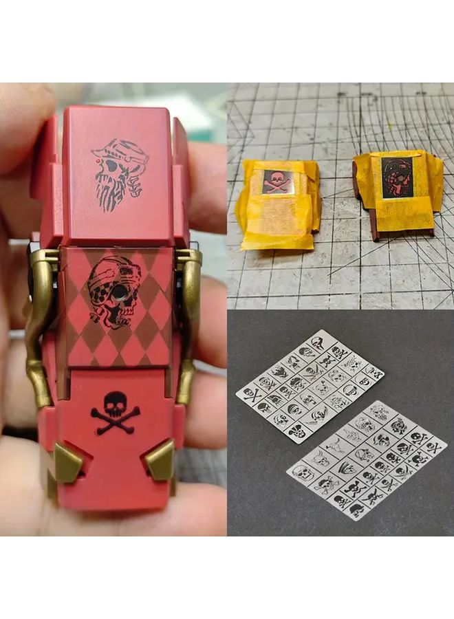 Heavy Duty Stainless Steel Airbrush Stencil Board With Skull Crossbones Gothic Lettering Skull Face Death Squad Emblem Model GJ3030B Leakproof Spray Painting Template For Model Building Miniatures Tanks Aircraft Mechs - Image 1
