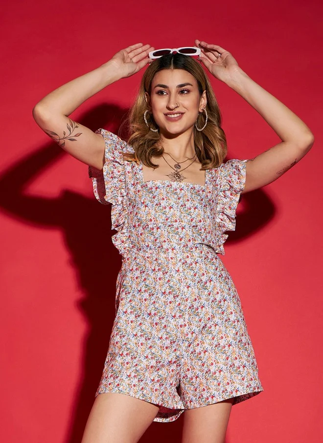 SASSAFRAS Floral Print Playsuit With Ruffles For Women