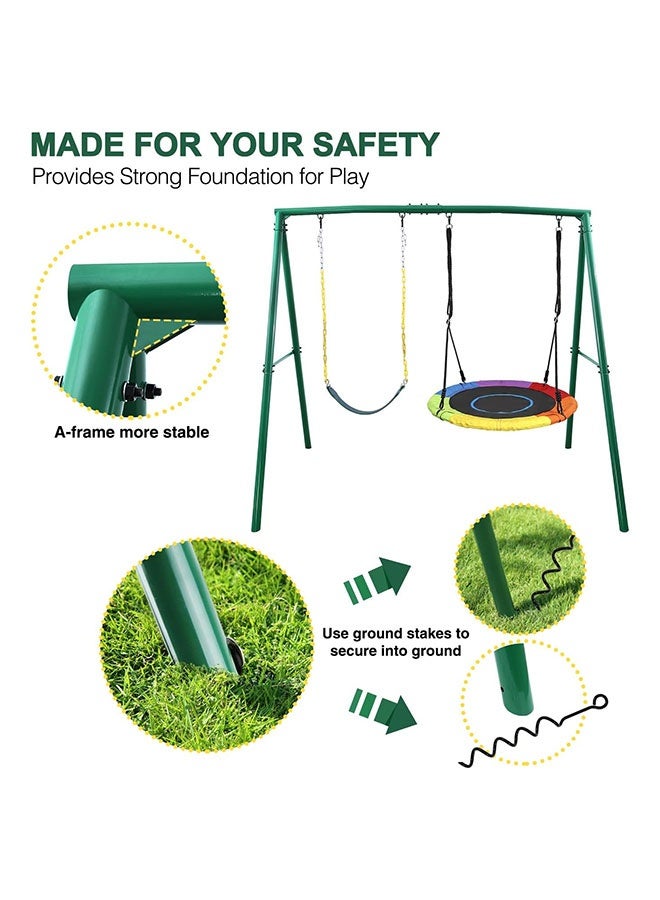 JSAITOYS Two Seat Swing Set for Backyard Heavy Duty A-Frame Metal Stand with 1 Saucer and Belt Swing Seats - Image 2