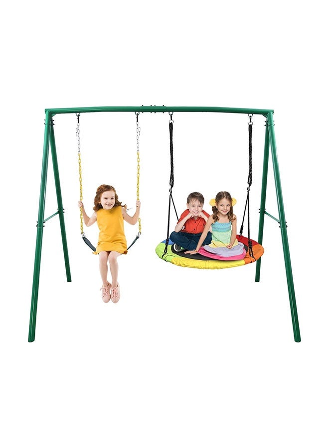 JSAITOYS Two Seat Swing Set for Backyard Heavy Duty A-Frame Metal Stand with 1 Saucer and Belt Swing Seats - Image 1