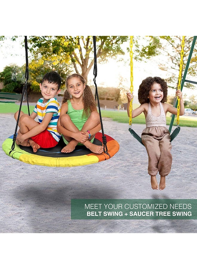 JSAITOYS Two Seat Swing Set for Backyard Heavy Duty A-Frame Metal Stand with 1 Saucer and Belt Swing Seats - Image 4