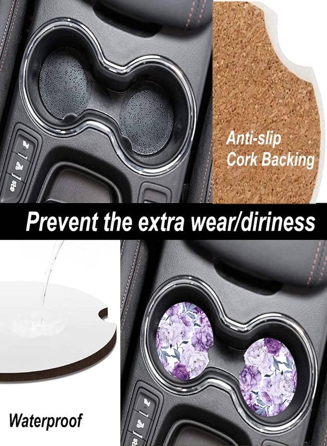 ZHIZHEND Purple Floral Cup Holders Car Coasters Set for Women Girl,Pretty Design Keep Cup Holders Clean and Dry,Drink Cup Car Holder Coasters with A Finger Notch 2.56" Pack of 2 - Image 3