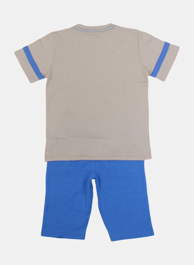 Boys Cotton Pajama – Beige & Blue with Mickey Mouse Print - Image 2