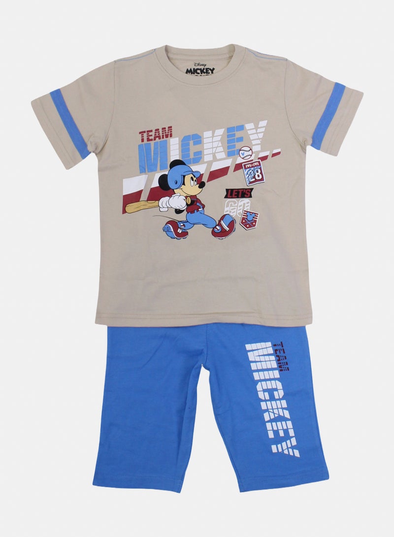 Boys Cotton Pajama – Beige & Blue with Mickey Mouse Print - Image 1