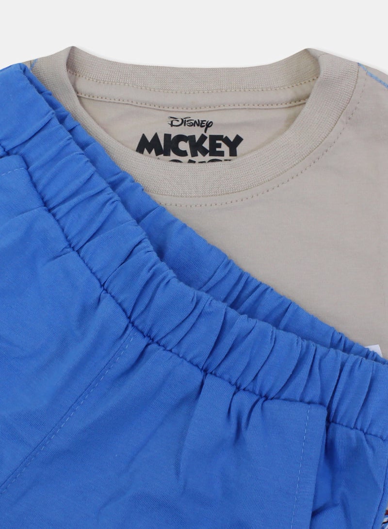 Boys Cotton Pajama – Beige & Blue with Mickey Mouse Print - Image 3