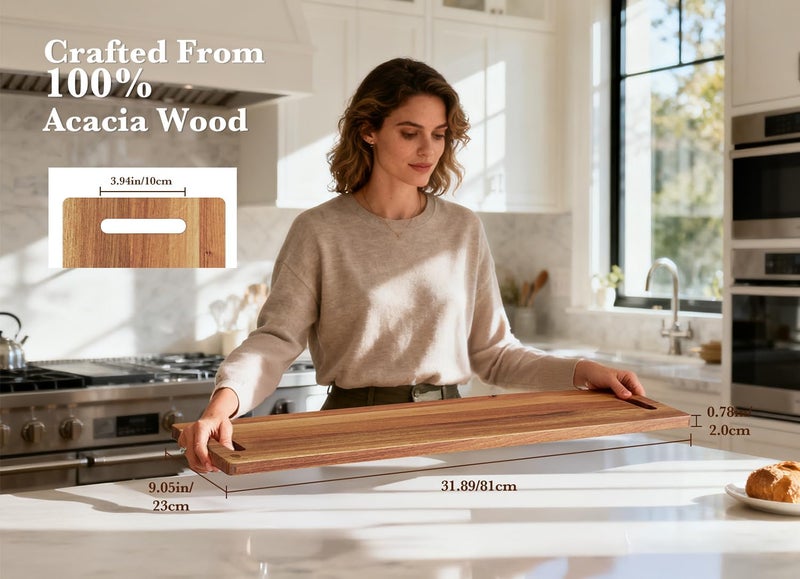 Dofira Large Charcuterie Board – Featuring Built-In Side Handles, 32" Acacia Wood Serving Board for Cheese, Meat & Appetizers – Extra Long Kitchen Platter for Gatherings, BBQ & Home Decor - Image 3
