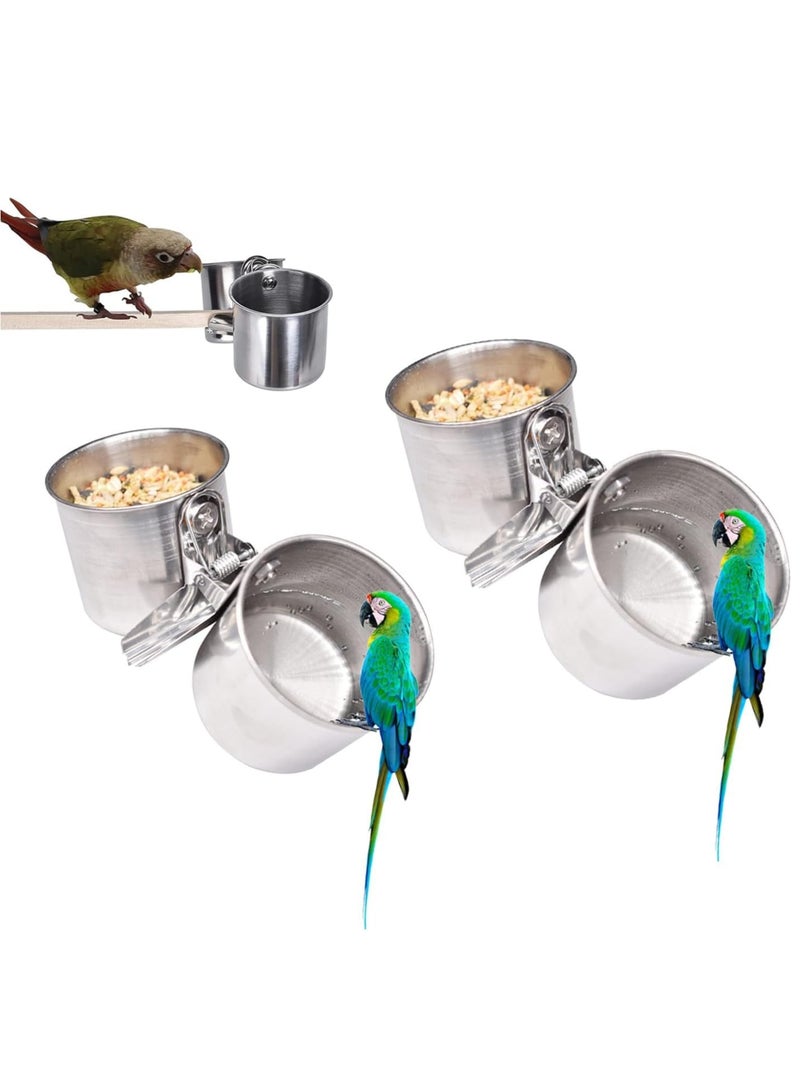 2 قطعة أكواب تغذية مزدوجة للطيور الببغاوات من الفولاذ المقاوم للصدأ مع ملقط - أكواب لتقديم الطعام والماء للطيور مع حامل ملقط، مناسبة لها في القفص كإكسسوارات - Image 1