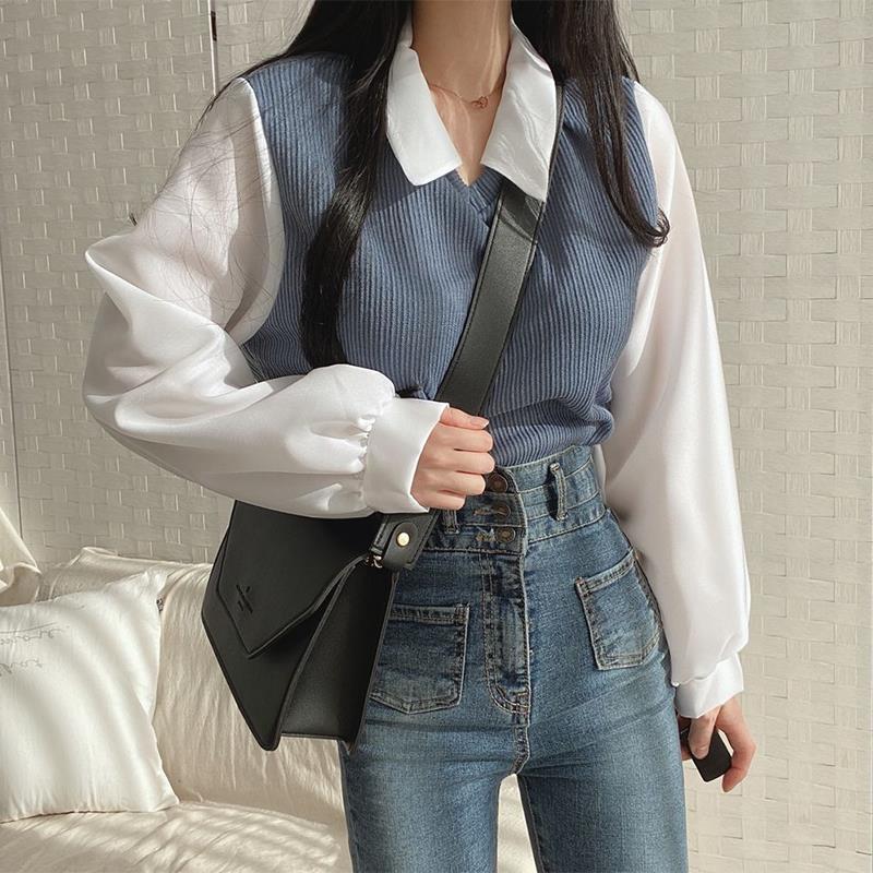 Plus Size 2024 Faux Two-Piece Polo Tee Blue  - Image 1