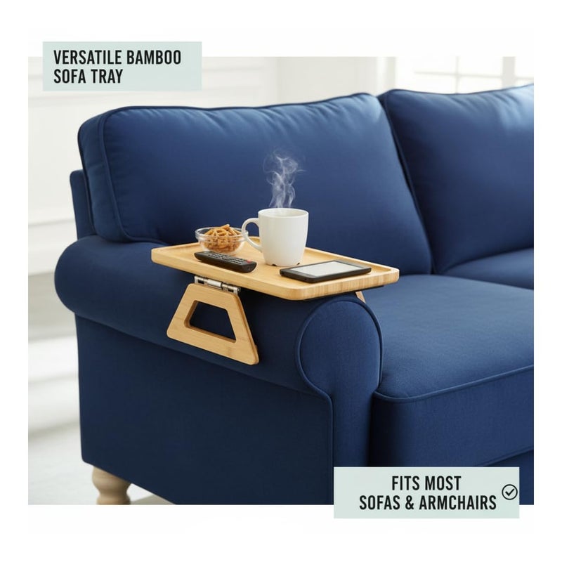 Folding Bamboo Sofa Armrest Tray Clip-On Couch Desk for Drinks, Snacks, Phone & Remote Control (Natural Bamboo) – Choose Round or Rectangular Variation (Rectangular) - Image 3