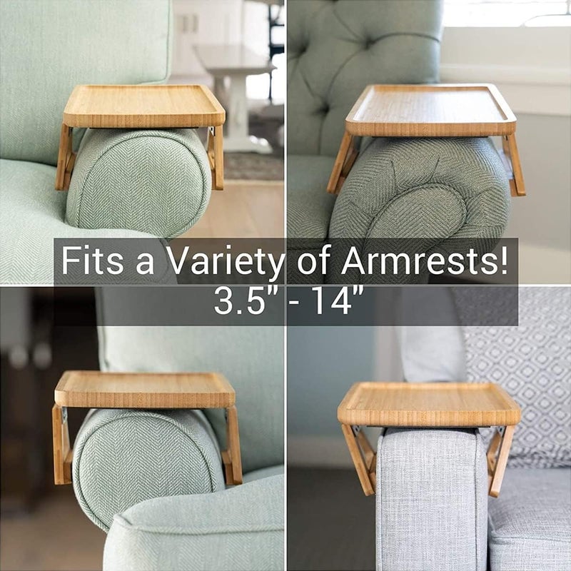 Folding Bamboo Sofa Armrest Tray Clip-On Couch Desk for Drinks, Snacks, Phone & Remote Control (Natural Bamboo) – Choose Round or Rectangular Variation (Rectangular) - Image 4