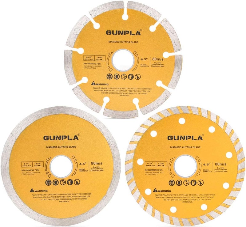 Gunpla 3 Pieces 4-1/2 inch Diamond Cutting Blade Continuous Segmented Turbo Rim Dry Wet Circular Saw Cutter Angle Grinder Disc 7/8 inch Arbor with Reducing Ring 5/8 inch for Tile Masonry - Image 1