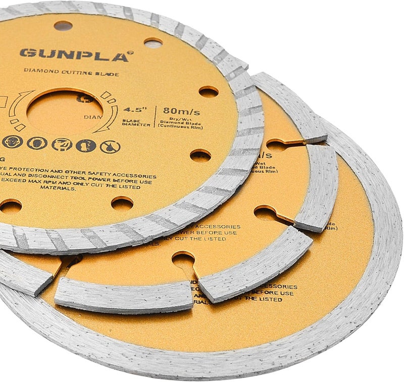 Gunpla 3 Pieces 4-1/2 inch Diamond Cutting Blade Continuous Segmented Turbo Rim Dry Wet Circular Saw Cutter Angle Grinder Disc 7/8 inch Arbor with Reducing Ring 5/8 inch for Tile Masonry - Image 4