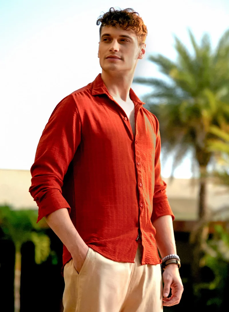 كامبوس سوترا Men's Burnt Sienna Cubic-Woven Regular Shirt